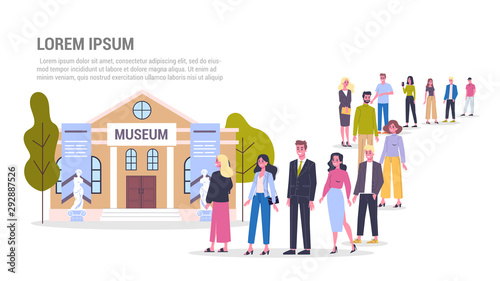 People standing in long queue to the museum. Crowd in line.