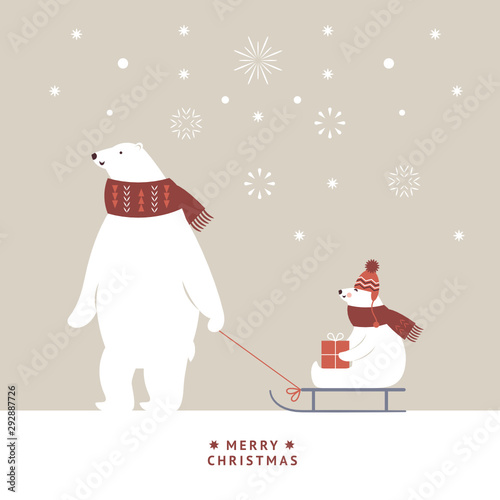 Christmas card. White bears in knitted scarf  is sledding. 