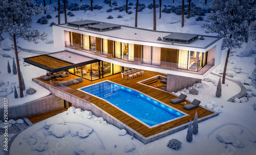 3d rendering of modern cozy house on the hill with garage and pool for sale or rent with beautiful snow landscaping on background. Cool winter night with cozy light inside.
