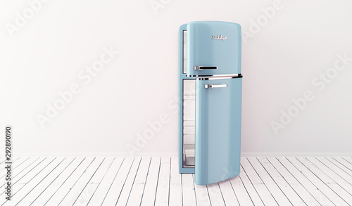 Blue retro refrigerator. Home appliances. Interior wood floor. Open door empty