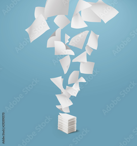Flying paper and stack of papers on blue background.