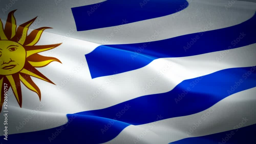 Uruguayan flag Closeup 1080p Full HD 1920X1080 footage video waving in wind. National ‎Montevideo‎‎ 3d Uruguayan flag waving. Sign of Uruguay seamless loop animation. Uruguayan flag HD resolution Back