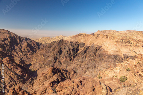 View from the observation deck near Ad Deir monastery. Petra, Jordan. Petra is the main attraction of Jordan. Petra is included in the UNESCO heritage list.