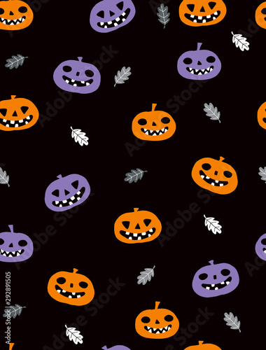 Funny Happy Halloween Vector Illustration for Card, Invitation, Pattern, Poster. Halloween Pattern with Angry Orange and Violet Pumpkins Isolated on a Black Background. 