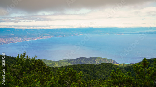 The eastern part of the Istrian peninsula, the island of Krk is visible on the right. View from the top of Mount Voyak