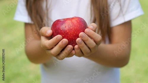 Hands of a young child hold a fresh juicy apple plucked in the garden. Healthy food concept