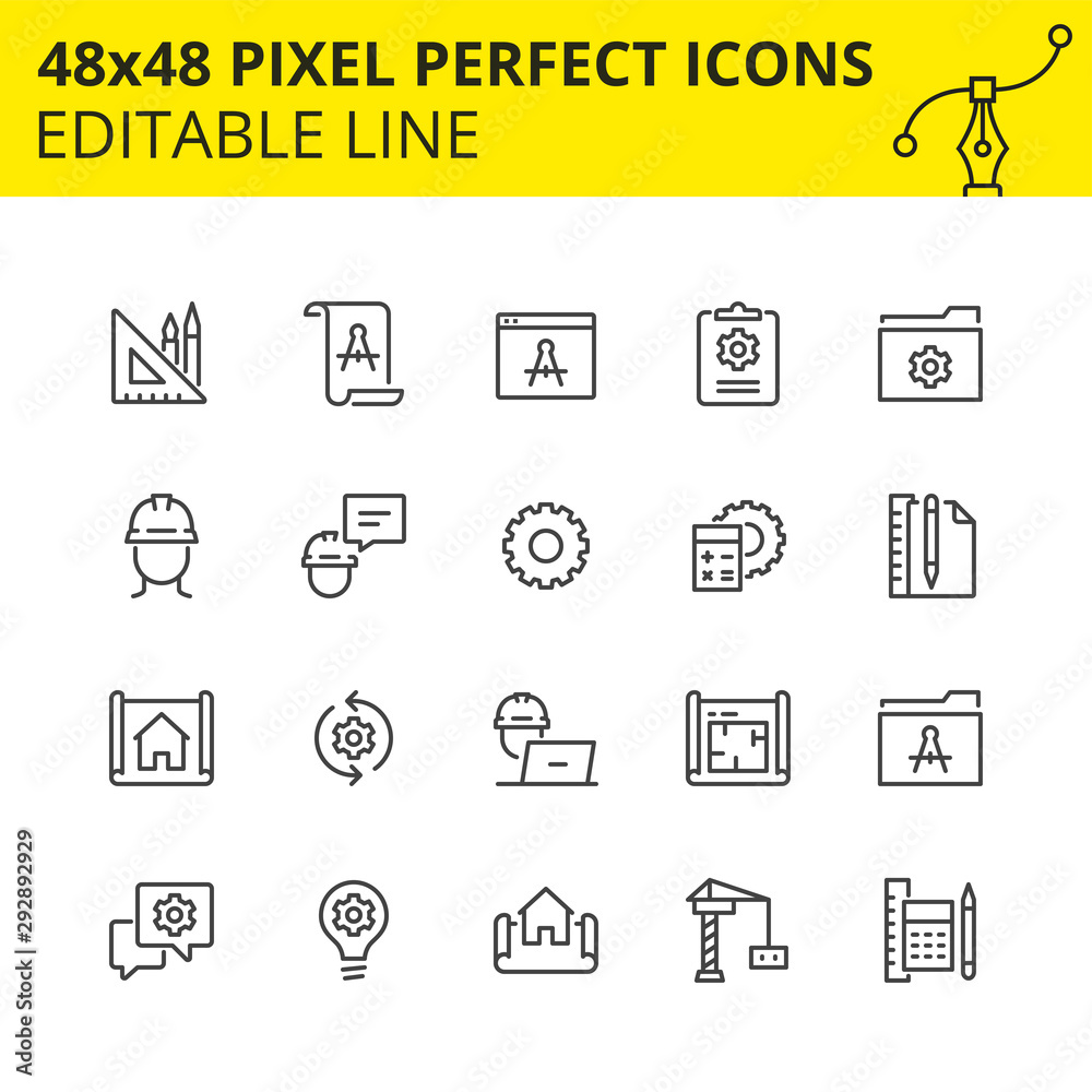 Simple set of icons for engineering processes as well as design and analysis, which includes icons for technical drawings and constructional drafting. 48x48 Pixel perfect icon, editable stroke. Vector Simple set of icons for engineering processes as well as design and analysis, which includes icons for technical drawings and constructional drafting. 48x48 Pixel perfect icon, editable stroke. Vector