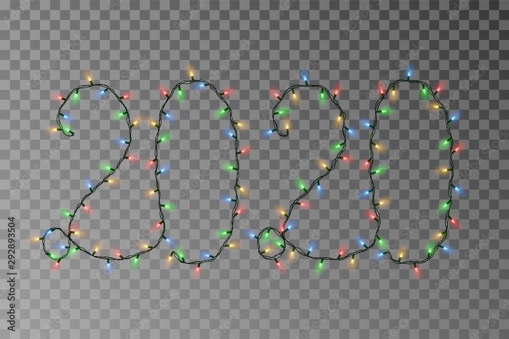 Fototapeta premium New year lights vector, 2020 color light string isolated on dark background. Transparent decorative garland. Holiday light decor effect element. Vector illustration