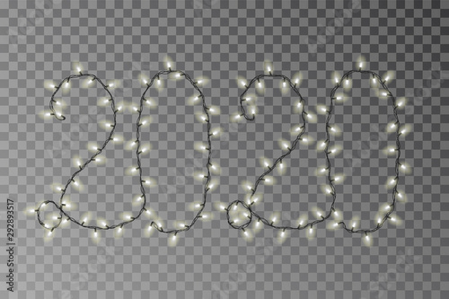 New year lights vector, 2020 white light string isolated on dark background. Transparent decorative garland. Holiday light decor effect element. Vector illustration
