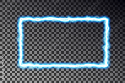Vector light frame banner isolated on dark background. Shine border in lightning style, transparent effect. Light magic rectangle. Vector illustration.