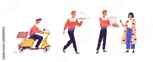 Pizza delivery flat vector illustration. Girl cartoon character receiving pizzeria order. Deliveryman on scooter  guy carrying box with food isolated design elements. Fastfood courier service.