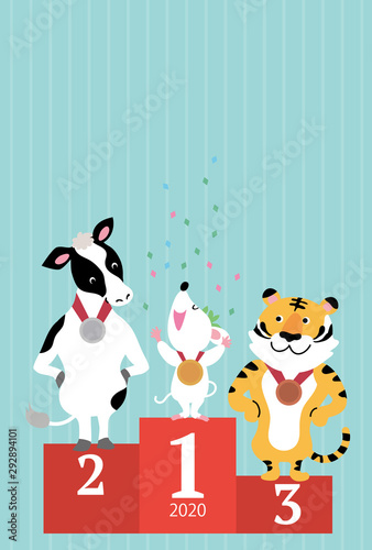 年賀状　2020　デザイン　オリンピック　表彰式　ねずみ年　イラスト