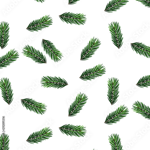 Simple seamless pattern. Green pine branches and leaves on white background. Vectorized watercolor drawing. Pine leaves seamless banner.