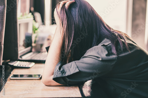 unemployed Asian woman waiting phone call from HR feeling scare and worry about job