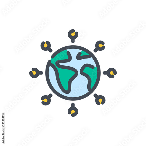 Planet with satellites around color line icon. Earth with sputniks vector outline colorful sign.