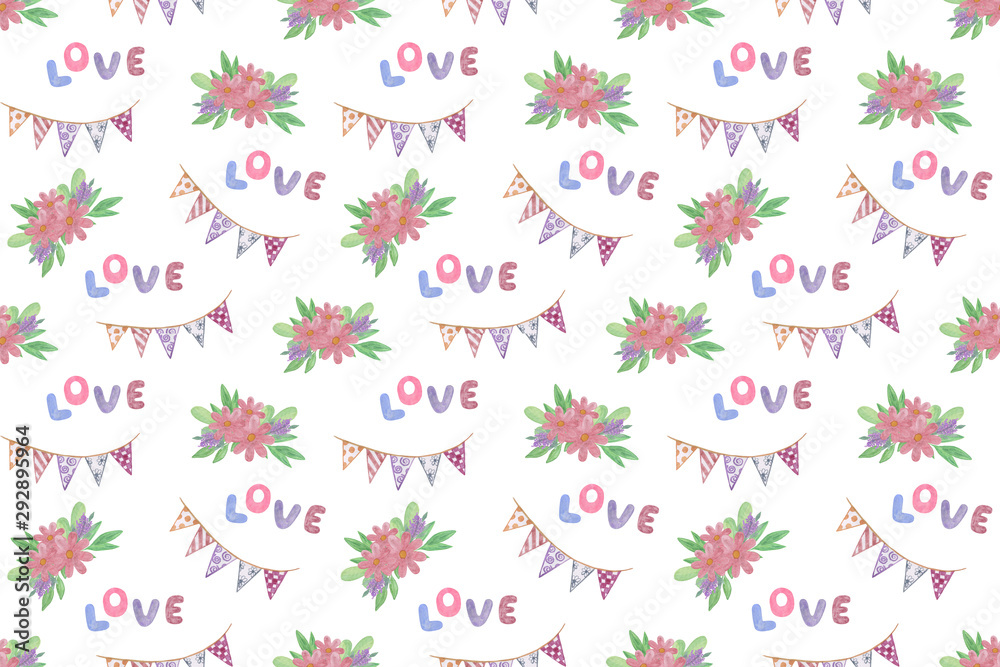 Repeat pattern of word Love, flags and flowers, symbol of St Valentines day celebration Repeat pattern of word Love, flags and flowers, symbol of St Valentines day celebration