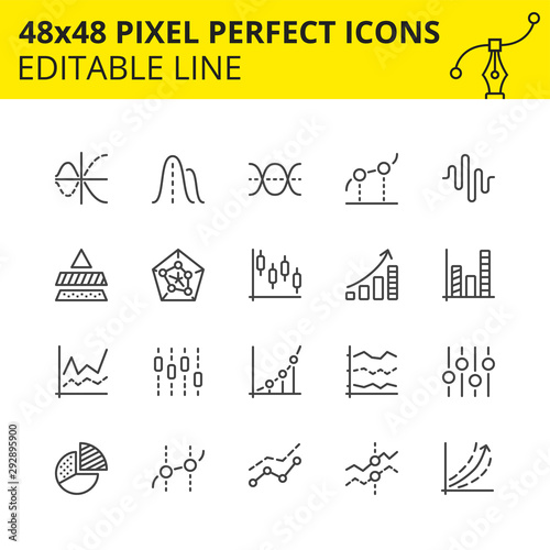 Simple set of icons for line graphs, pie charts, bar charts and scatter plot. Can be widely used for representing data in many areas such as statistics, data science, math, economics, business. Vector