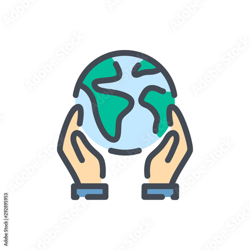 Hands holding earth  color line icon. Save earth vector outline colorful sign.