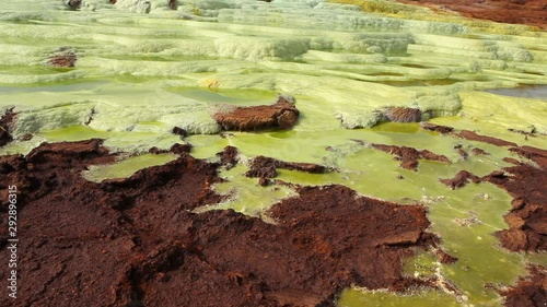 Dallol Sulphur springs and pools Danakil Depression Ethiopia.   The Sulphur springs create the unearthly colourful and beautiful landscape