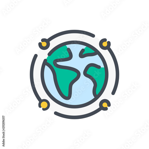 Planet with scope of satellites color line icon. Earth with sputnik orbit vector outline colorful sign.