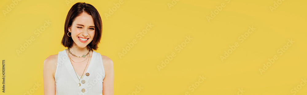 panoramic shot of smiling elegant girl winking isolated on yellow panoramic shot of smiling elegant girl winking isolated on yellow