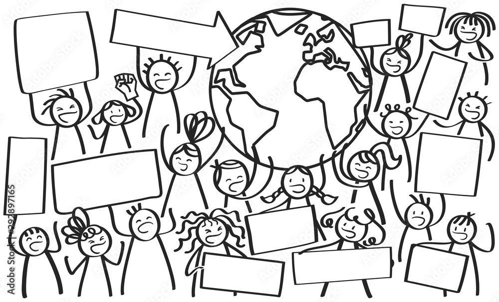 Climate change, children marching, kids protesting, holding up billboards and globe, stick figures, demonstration, coloring page