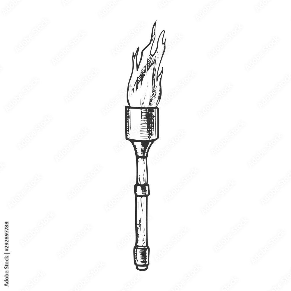 Torch Light Stick With Flame Monochrome Vector. Medieval Burning