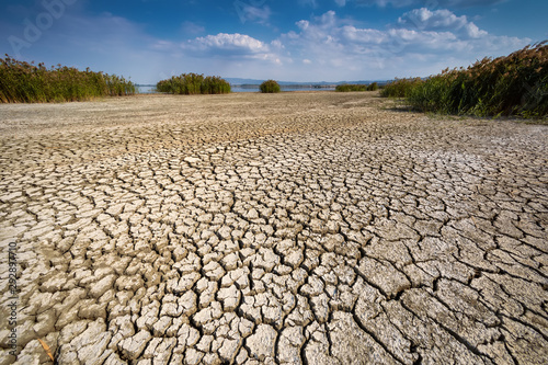 фотографія Dry lake bed with natural texture of cracked clay in perspective floor