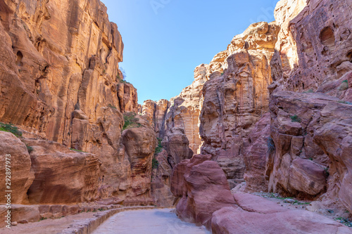 Sik canyon. It is the entrance to Petra (ancient city). Petra is the main attraction of Jordan. Petra is included in the UNESCO heritage list.