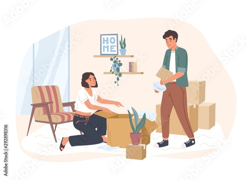 Young couple moving to a new house or apartment. Man and woman packing their stuff in cardboard boxes. Family preparing for relocation to another dwelling. Vector illustration in flat cartoon style.