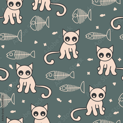Vector seamless cat pattern in grey and beige. Simple abstract doodle cat and kibble and fish skeleton made into repeat. Great for background, wallpaper, wrapping paper, packaging, fashion.