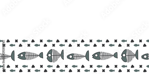 Vector cat food made into repeat border. Doodle kibble and fish skeleton made into horizontal border. Great for animal products, invitations, wrap, ribbon.