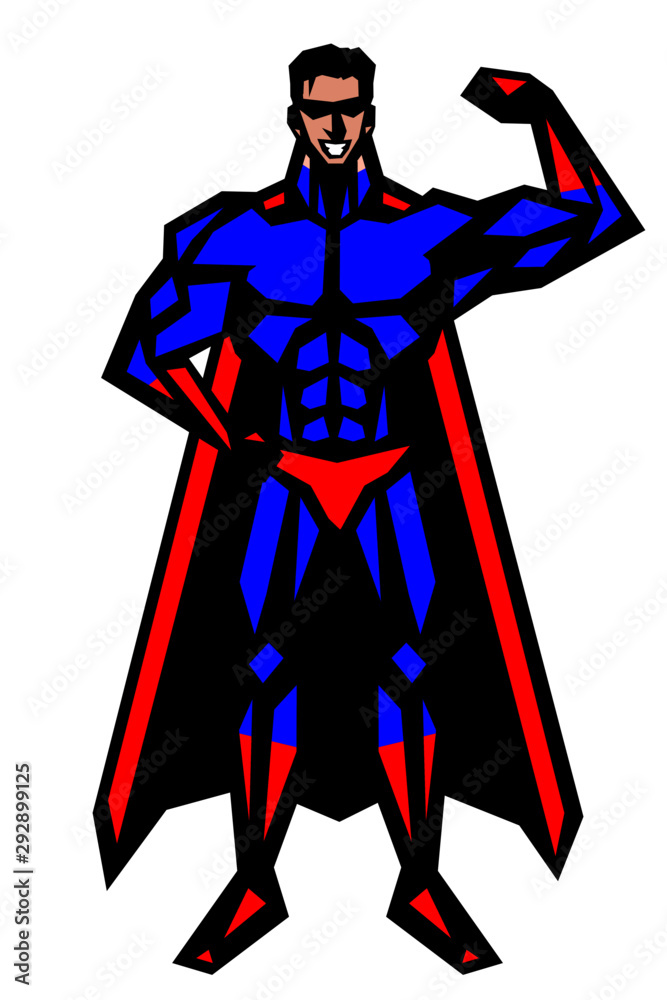 ヒーロー,筋肉,ボディビル,マッチョ,ポーズ,全身,マント,白背景,版画,切り絵,喜怒哀楽,表情