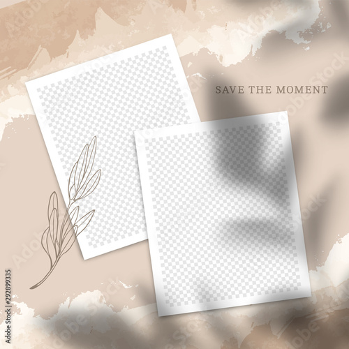 Poster for Social Networks Posts. Vector Collage with Photo Frames with Leaves Shadow Overlays on Old Paper Texture.