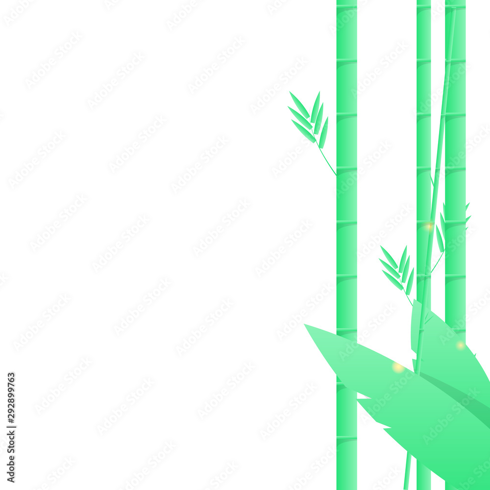 Naklejka premium Yellow fireflies among fresh bamboo branches and leaves on vector white background. Ecology frame in zen style