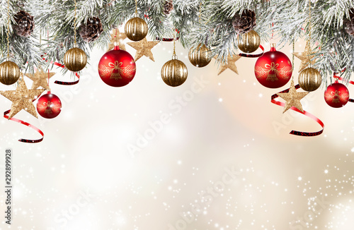 Christmas red ball with celebration decoration and blur background. Free space for text