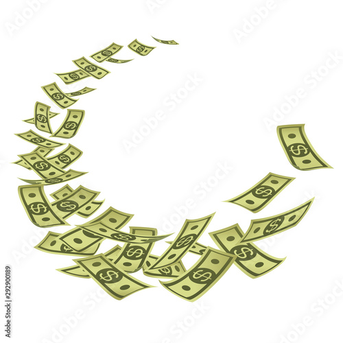 Banner with money. Bank notes on white background. Frame - swirl of bills.