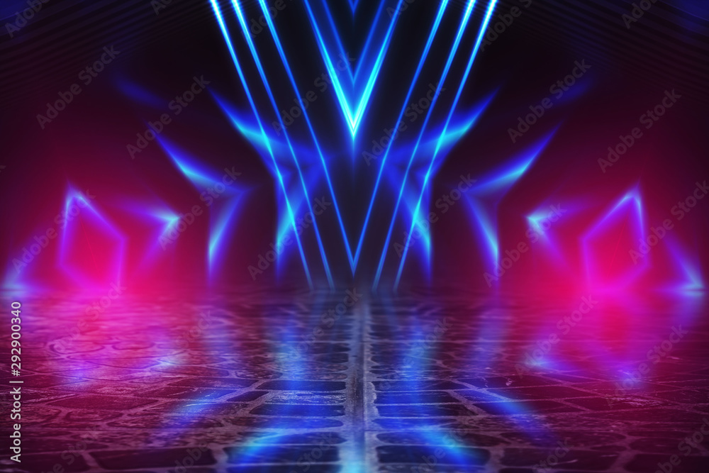 Empty background scene. Dark street reflection on wet asphalt. Rays of neon light in the dark, neon shapes, smoke. Background of an empty stage show. Abstract dark background. Empty background scene. Dark street reflection on wet asphalt. Rays of neon light in the dark, neon shapes, smoke. Background of an empty stage show. Abstract dark background.