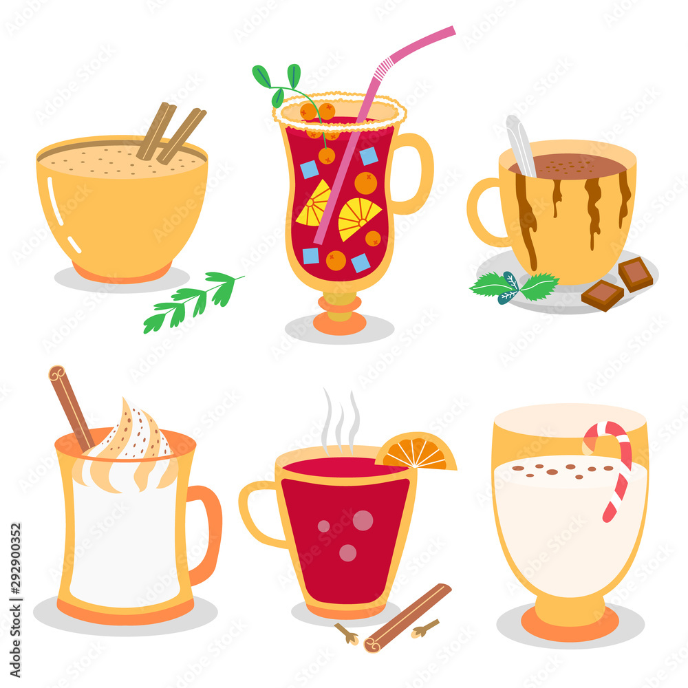 Set of Christmas holiday drinks. Christmas Eggnog, punch, hot chocolate, gleg. Tasty holiday drinks. Christmas party drink. Hot cocktail with cinnamon and creamy foam Set of Christmas holiday drinks. Christmas Eggnog, punch, hot chocolate, gleg. Tasty holiday drinks. Christmas party drink. Hot cocktail with cinnamon and creamy foam
