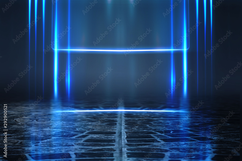 Empty background scene. Dark street reflection on wet asphalt. Rays of neon light in the dark, neon shapes, smoke. Background of an empty stage show. Abstract dark background. Empty background scene. Dark street reflection on wet asphalt. Rays of neon light in the dark, neon shapes, smoke. Background of an empty stage show. Abstract dark background.