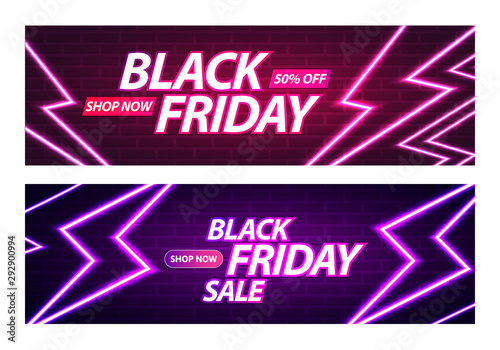 Black Friday Sale Banner. Glowing Neon Thunderbolts on Brick Wall Background. Vector Advertising Illustration