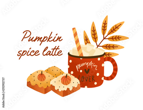 Tasty pumpkin spice latte in cute red cup with sweet biscuits