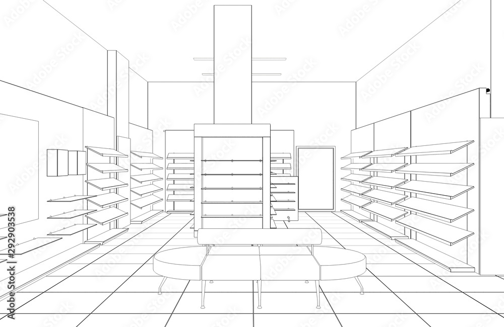 shopping mall, contour visualization, 3D illustration, sketch, outline