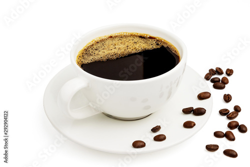 Black coffee in a white cup on plate and coffee beans top view isolated on white background. With clipping path