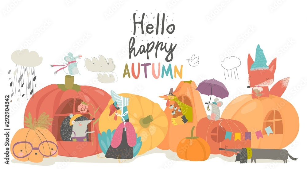 Obraz premium Cute animals with pumpkins on white background