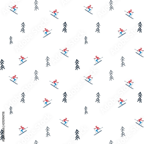 Winter holiday vector pattern with skiers between trees on mountain covered in snow. Seasonal christmas design.