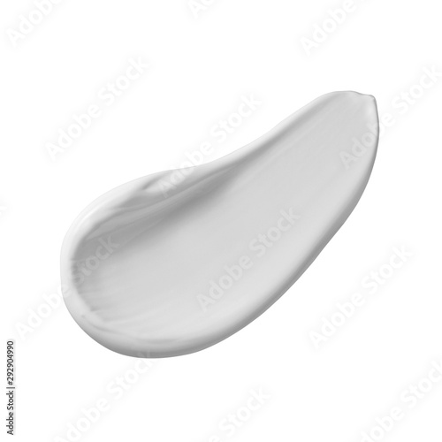 White cosmetic cream, body lotion, moisturizer swatch smear swipe. Skincare product smudge stroke isolated on white background. BB CC cream, makeup foundation texture