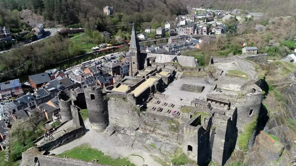 Aerial bird view footage of La Roche en Ardenne Castle is a ruined ...