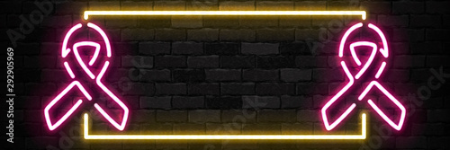 Vector realistic isolated neon sign of Pink Ribbon frame logo for template decoration and covering on the wall background. Concept of October, Breast cancer awareness month.