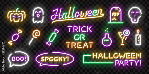 Vector set of realistic isolated neon sign of Halloween logo for template decoration and invitation covering on the transparent background.